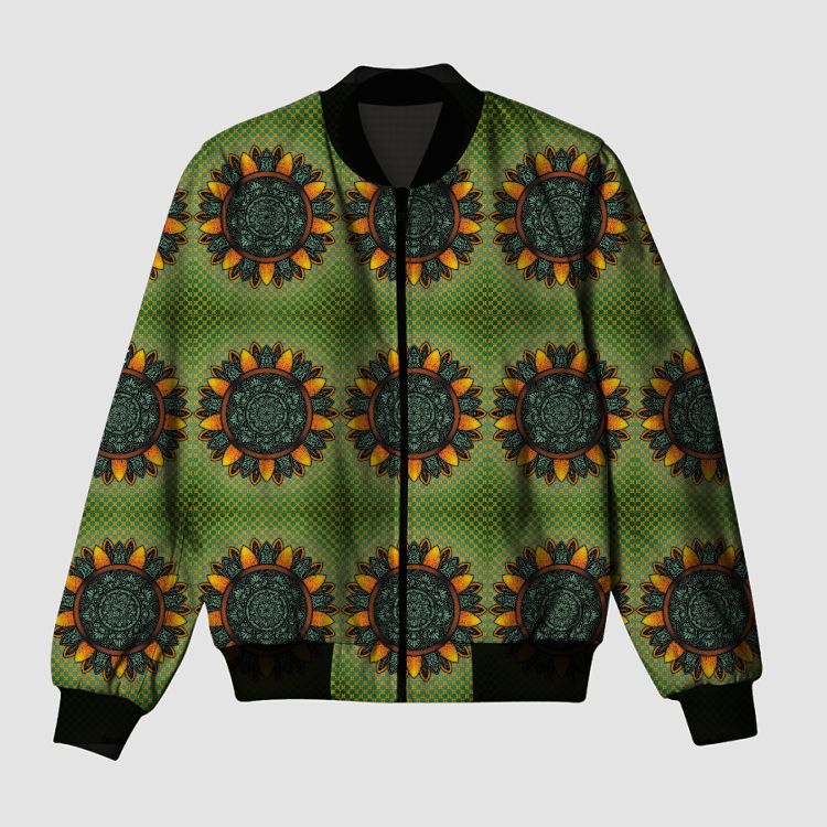 Sunflower Themed Mandala Bomber Jacket