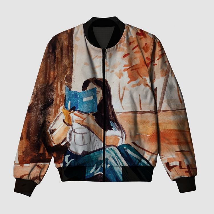 Autumn gaze girl reading  Bomber Jacket