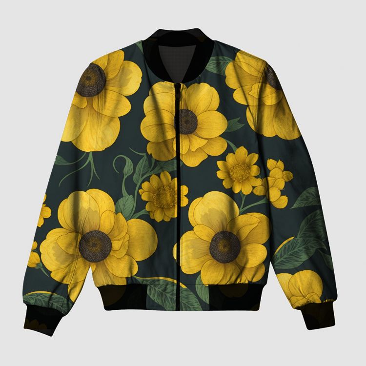 Yellow Floral Illustration Bomber Jacket