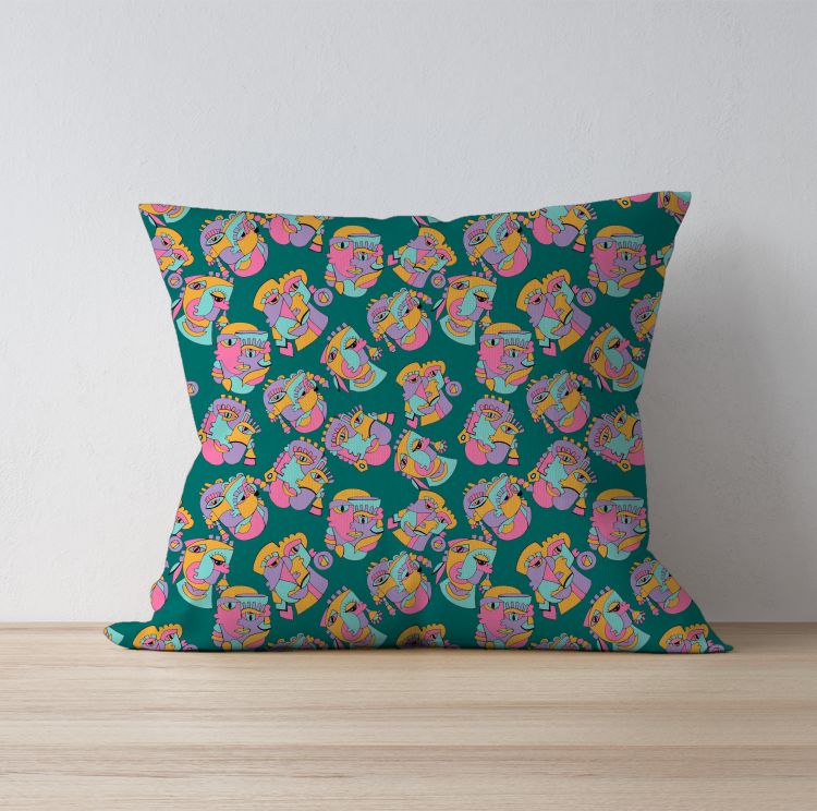 Abstract Doodled Quirky faces Cushion Cover