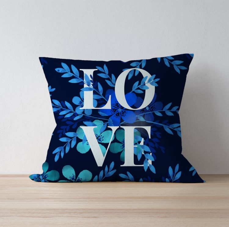 Blue Elegant Floral Love  Cushion Cover