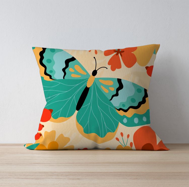 Colorful Flowers and Butterfly Cushion Cover