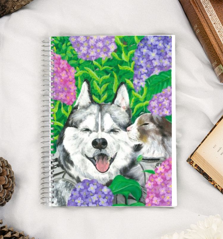 Besties:Husky and cat cuddling A5 Notebook