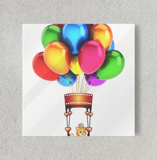 Adorable Cat Flying In Balloon 8" x 8" Acrylic Poster