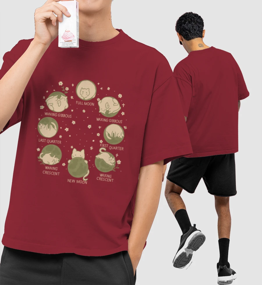 Cat Lunar Cycle  Front-Printed Oversized T-Shirt