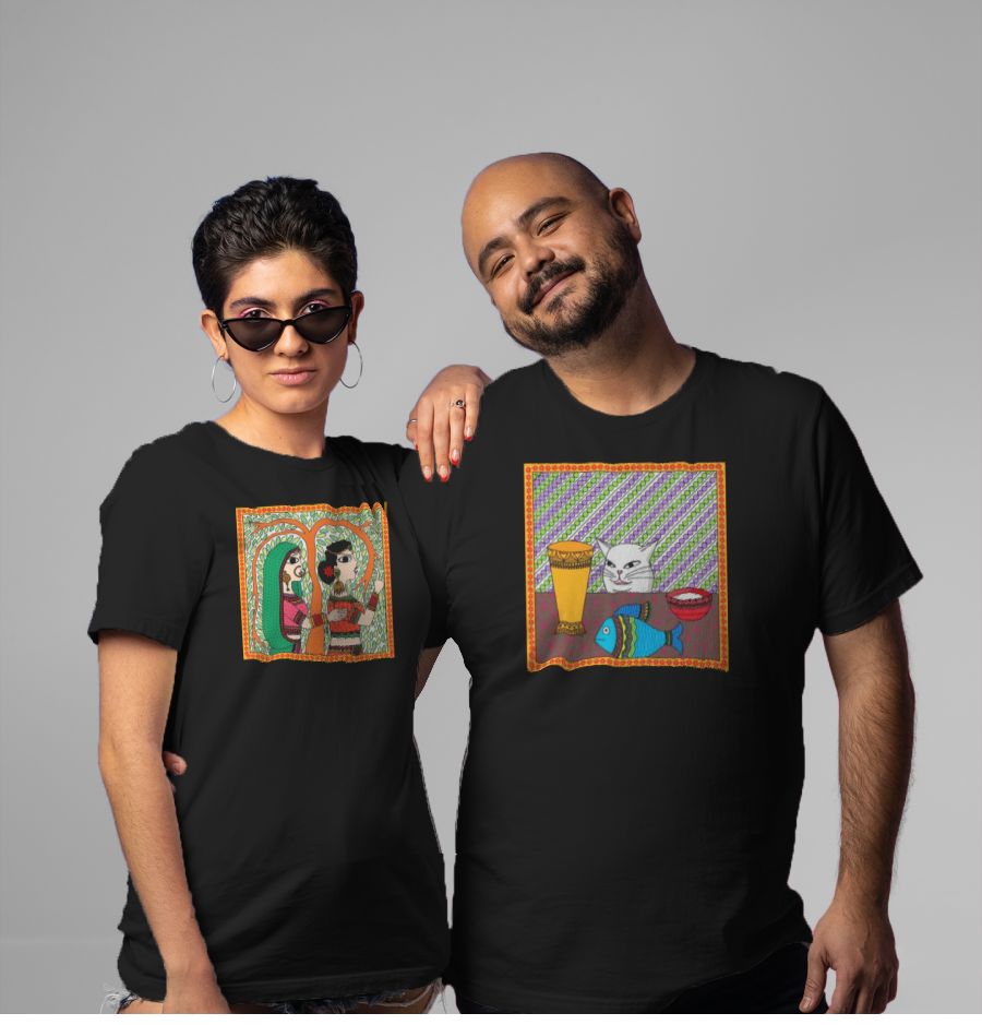 Madhubani Woman Cat Couple Combo T-Shirts