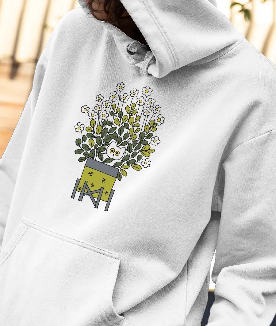White cat in flower pot Front-Printed Hoodie
