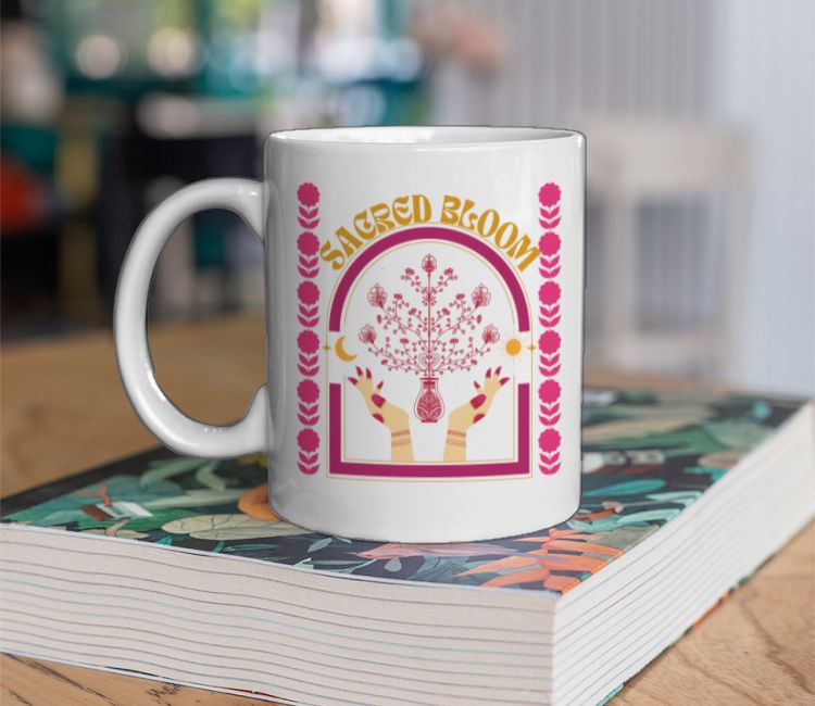 Cosmic Flora in Sacred Hands Coffee Mug