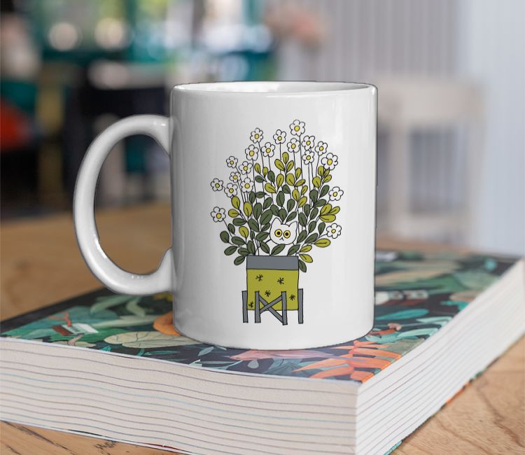 White cat in flower pot Coffee Mug