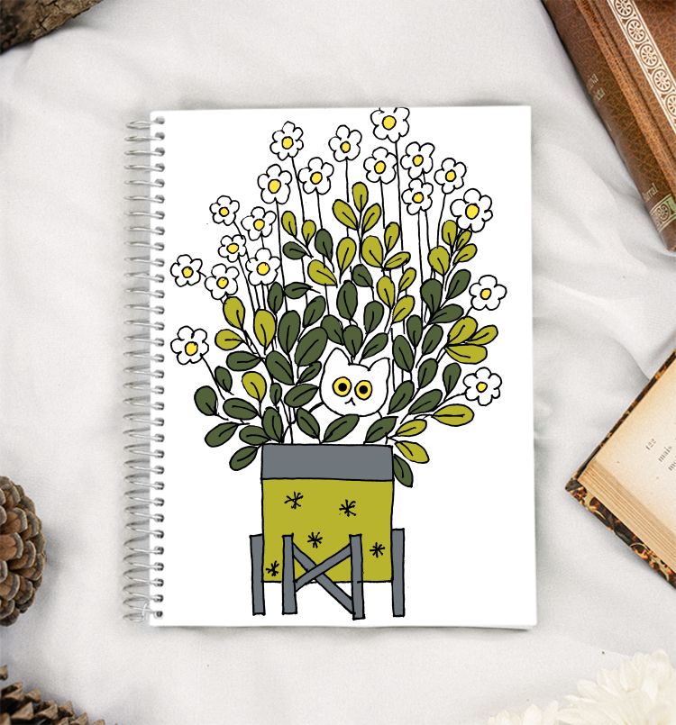 White cat in flower pot A5 Notebook