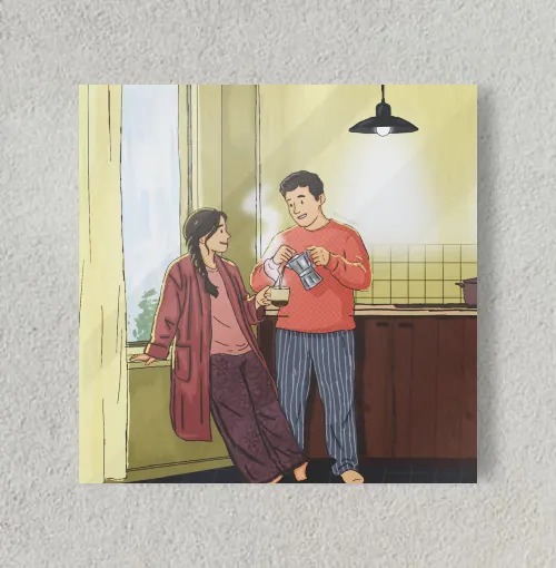 Cute Kitchen Couple Coffee Art 8" x 8" Acrylic Poster