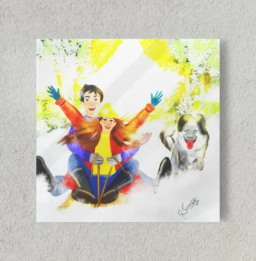 Couple snow skiing design 8" x 8" Acrylic Poster