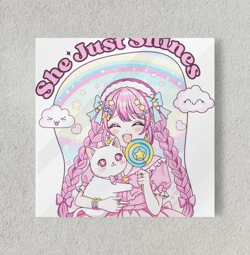 Japanese Cute Cat Anime Girl 8" x 8" Acrylic Poster