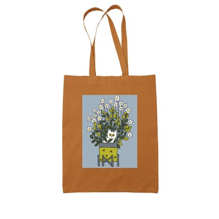 White cat in flower plant pot Colored Tote Bag