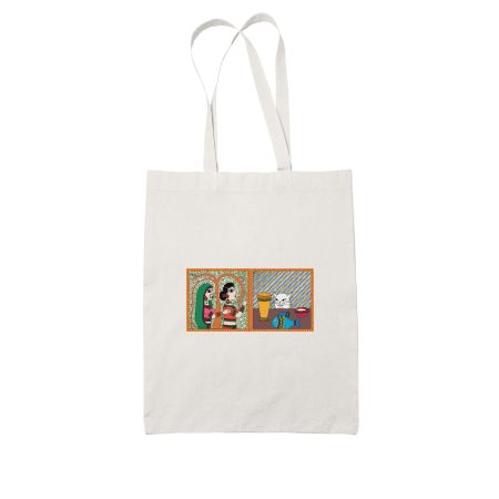 Woman yelling at cat meme Madhubani Tote Bag