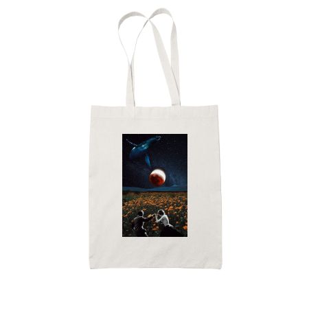 Surrealist Whale and dancing couple in sunflower field.  White Tote Bag