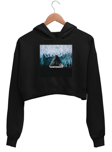 Abstract black and white triangle with blue ocean  Crop Hoodie