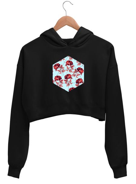 Vintage red sky blue flower pattern  Crop Hoodie