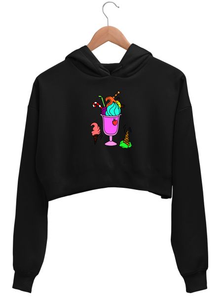 Kawaii Ice Cream Cone And Cup Illustration Crop Hoodie