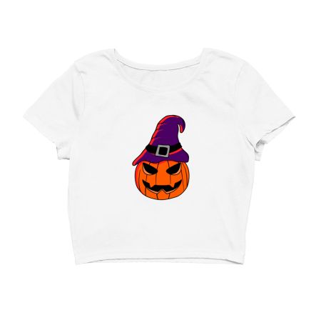 Halloween Pumpkin And A Witches Purple Hat Illustration Crop Top