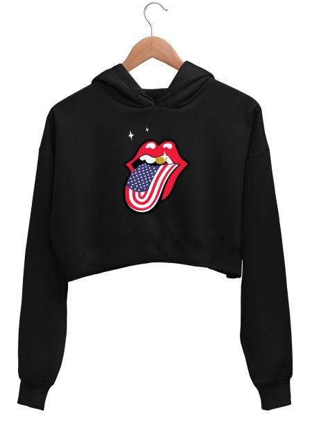 Red Lips With American Flag Crop Hoodie