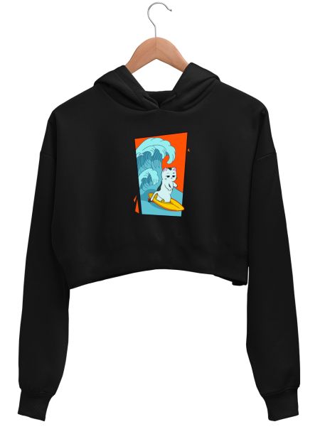 Surf's Up, Cool Cat! Crop Hoodie
