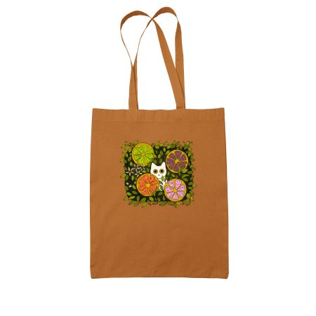 White cat in lemon garden Colored Tote Bag