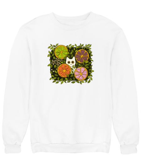 White cat in lemon garden Sweatshirt