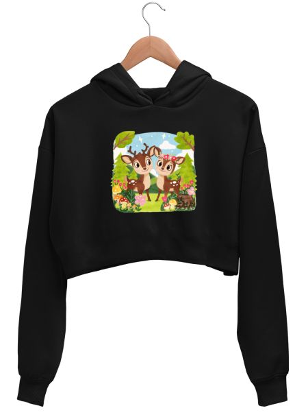 Deer Couple Cute Illustration Crop Hoodie
