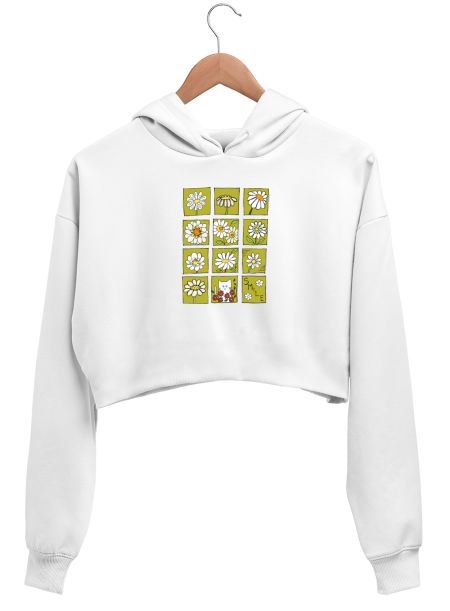 Cute kitty and white flowers Crop Hoodie