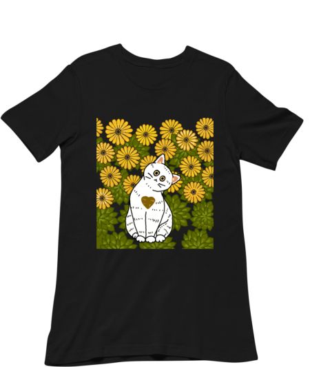 White Cat With Yellow Flowers Regular T-Shirt