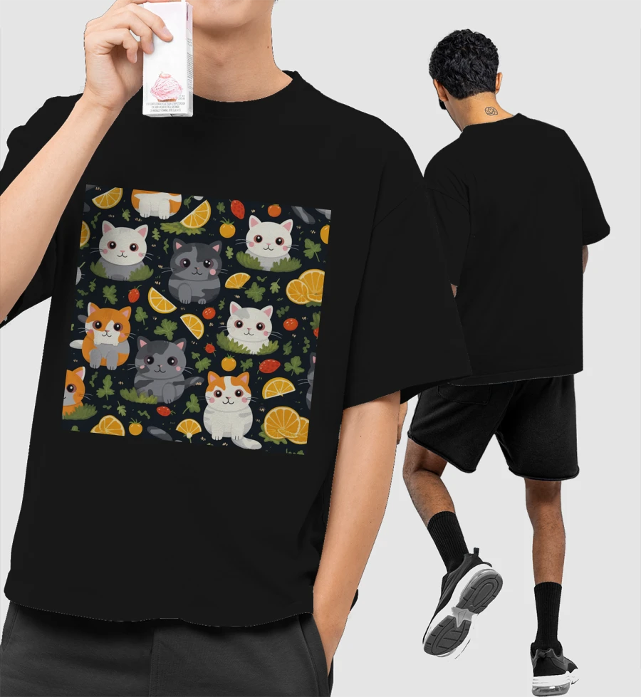 cute cat illustrated pattern Front-Printed Oversized T-Shirt