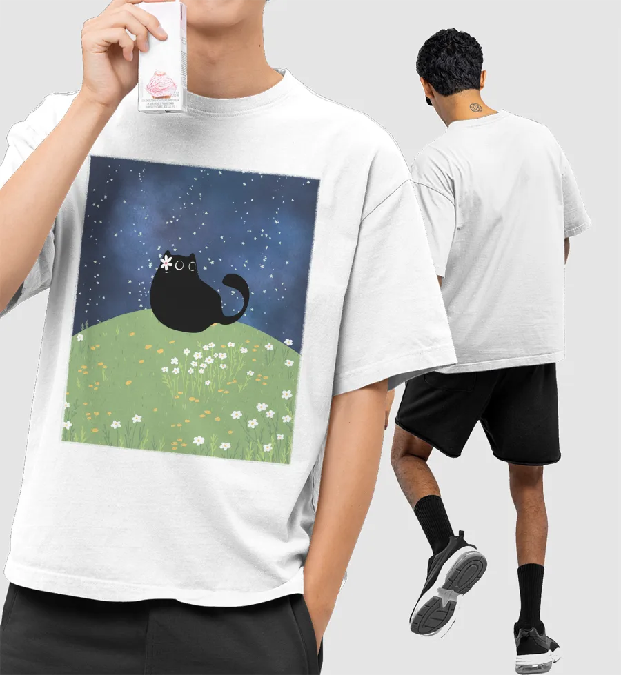 Medow Cat Front-Printed Oversized T-Shirt