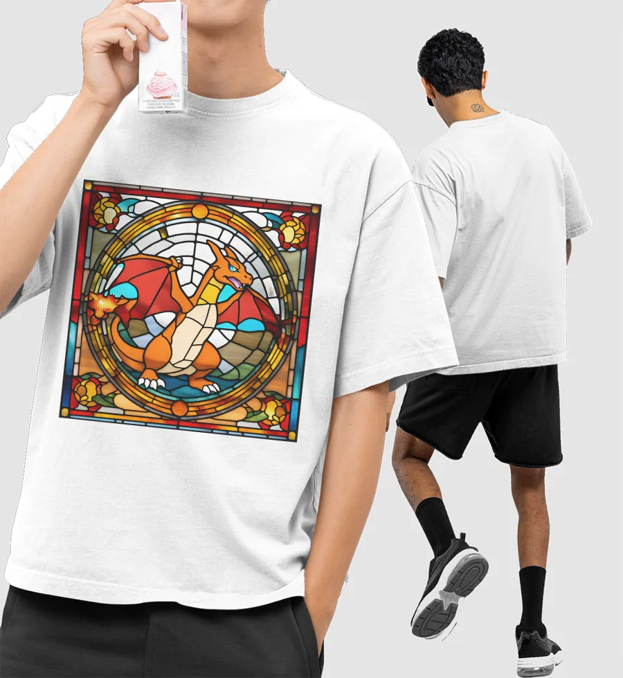 Charizard Glass Art Front-Printed Oversized T-Shirt