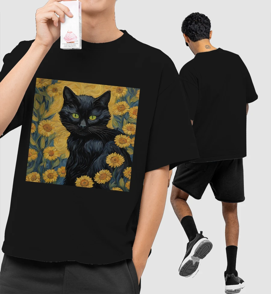 Black Cat - Van Gogh Front-Printed Oversized T-Shirt