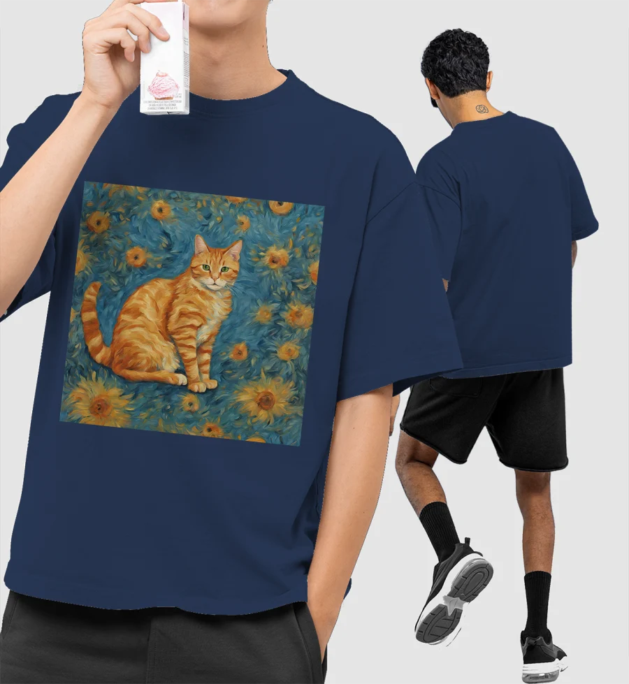 Ginger Cat - Van Gogh Front-Printed Oversized T-Shirt