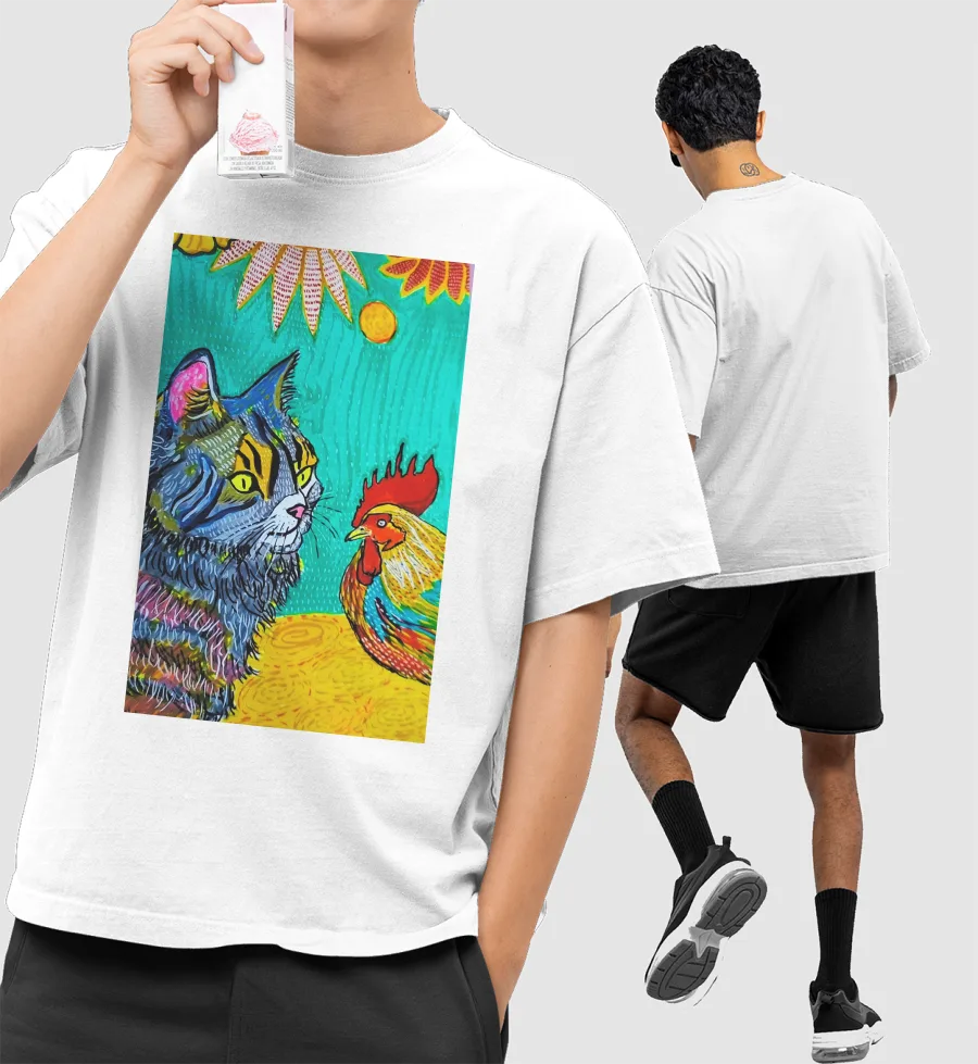 The cat and the rooster  Front-Printed Oversized T-Shirt