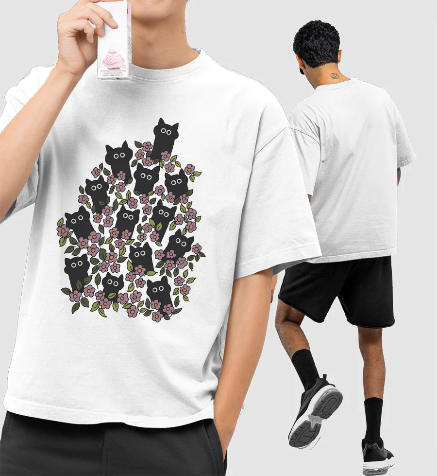 Cats in garden Front-Printed Oversized T-Shirt