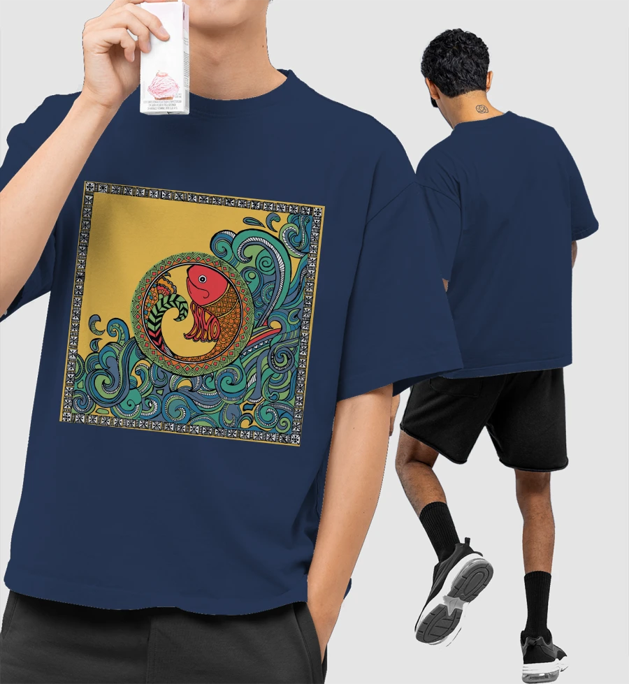 Madhubani fish design Front-Printed Oversized T-Shirt