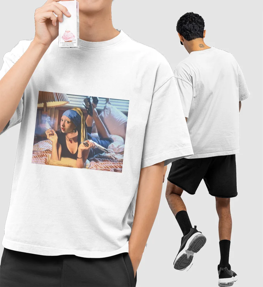 Pulp Fiction × Girl With Pearl Earring Front-Printed Oversized T-Shirt