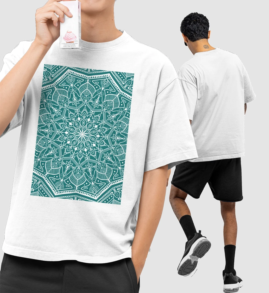 Teal and white mandala art Front-Printed Oversized T-Shirt