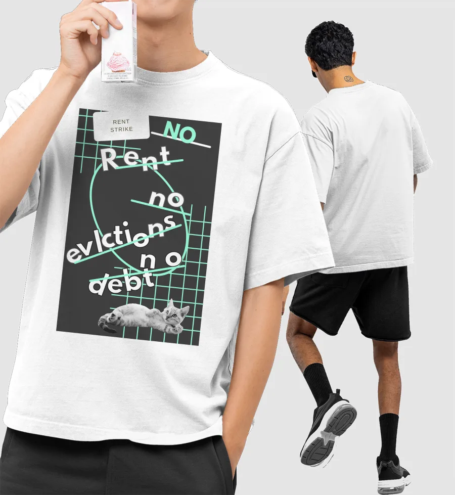 Cat no eviction no rent no debt communism Front-Printed Oversized T-Shirt