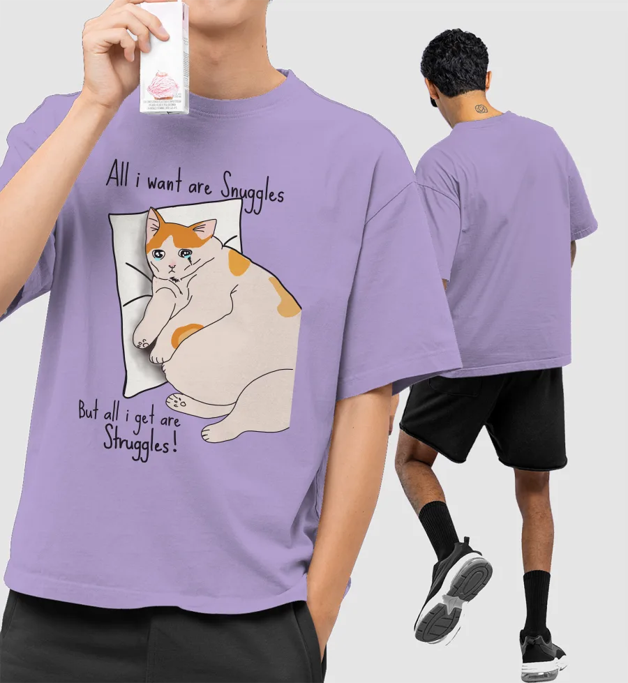 Sad Cat Front-Printed Oversized T-Shirt