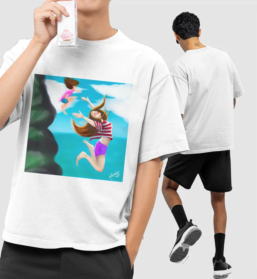 Diving into water Front-Printed Oversized T-Shirt