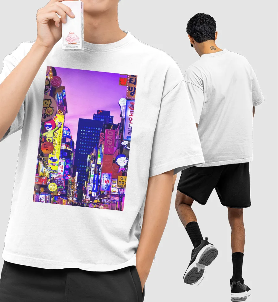 South korea - Neon cyberpunk edit Front-Printed Oversized T-Shirt