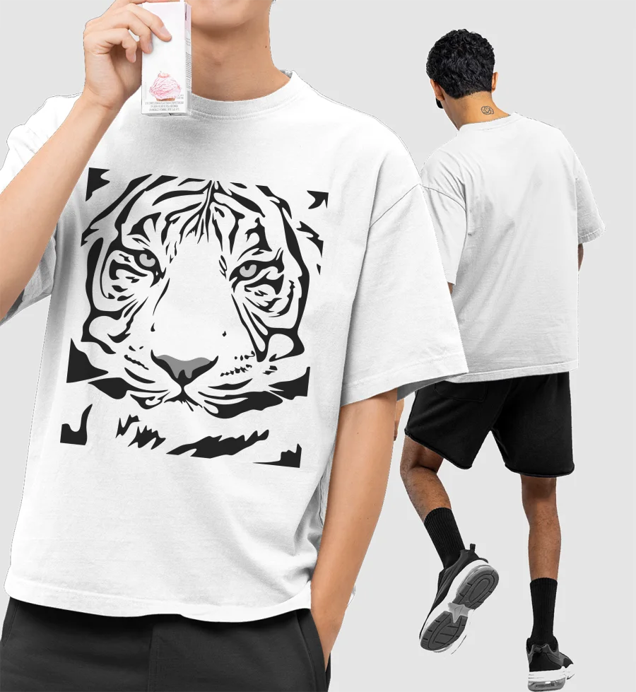 White Tiger Face Tattoo Front-Printed Oversized T-Shirt