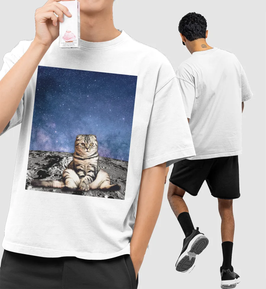 Cat Watching D Sunrise on Moon Front-Printed Oversized T-Shirt