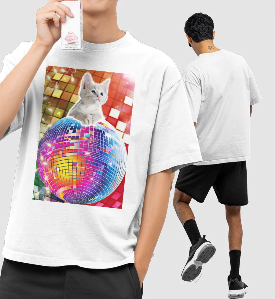 Party Kitty - Disco Night Cat Front-Printed Oversized T-Shirt