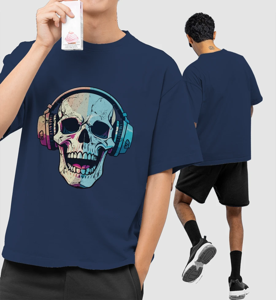 Skull-phones Front-Printed Oversized T-Shirt