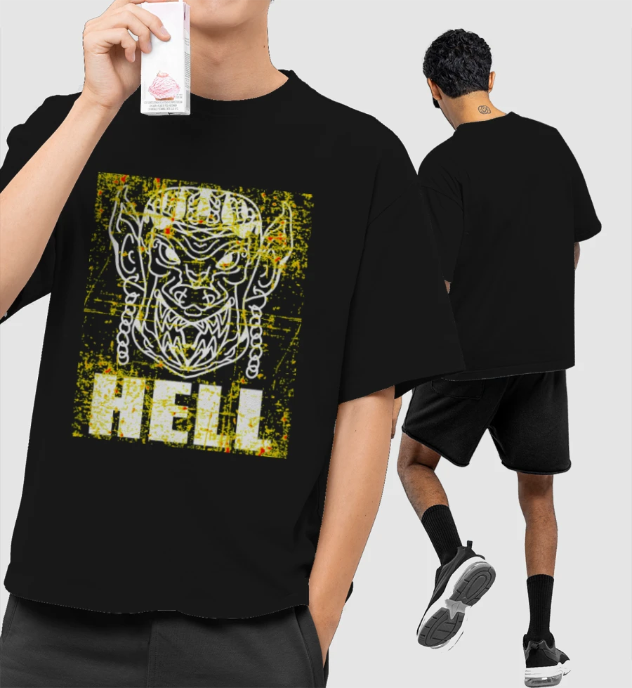 Hell On Fire Flame Devil Vintage Front-Printed Oversized T-Shirt